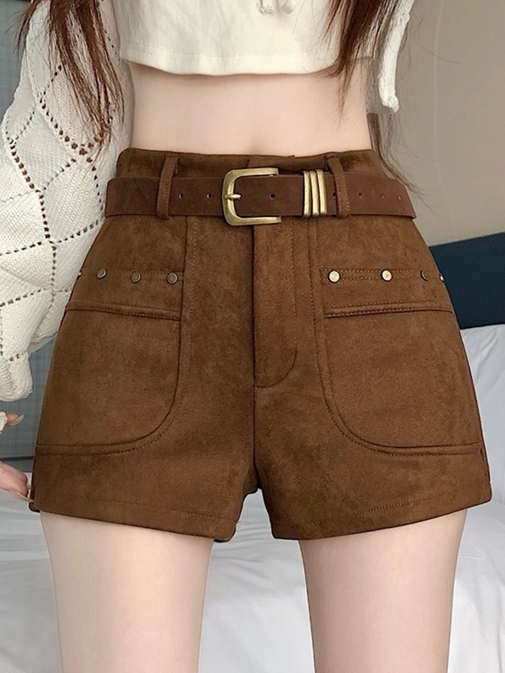 High-Waist Brown Suede-Effect Women's Shorts with Belt